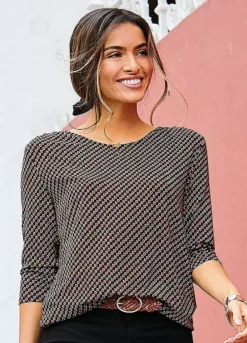 Vivance Print Cropped-Length Sleeve Top